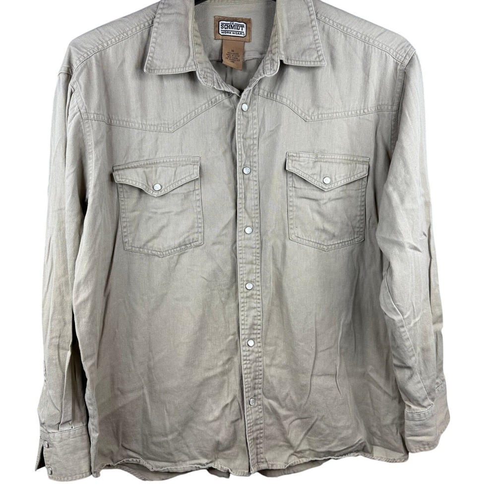 Schmidt Workwear shirt Mens XL Tan Cotton Western Pearl Snap cowboy ranch farm